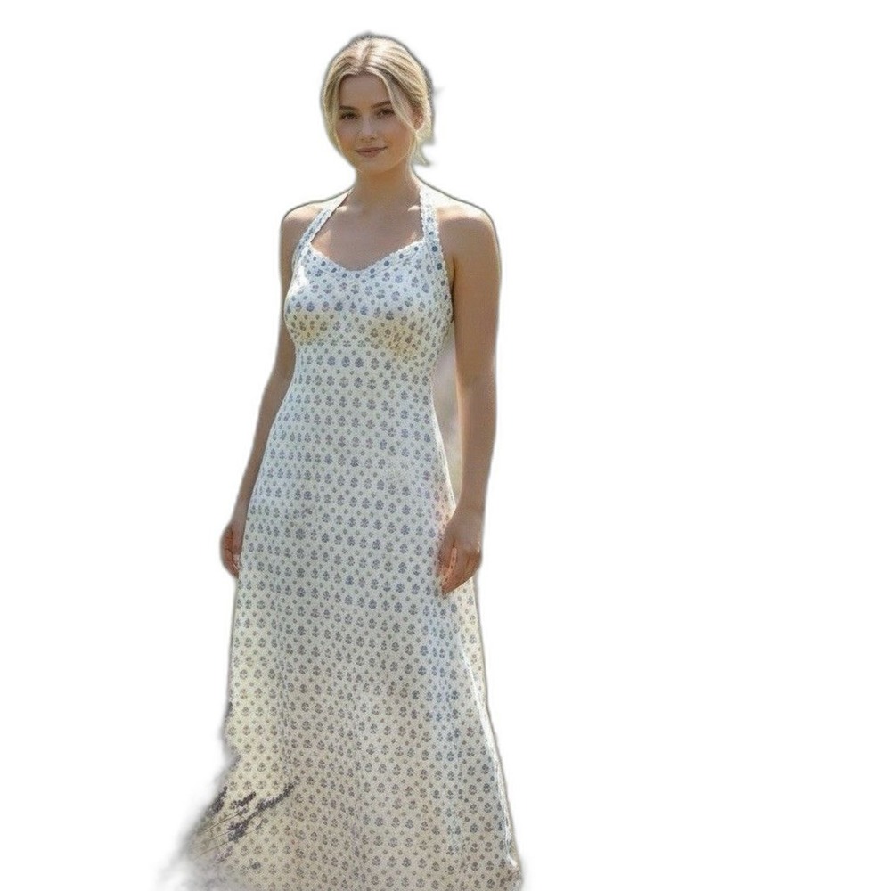 VTG Handmade maxi dress Size Small Blue Floral Cotton  Print halter Lace Trim